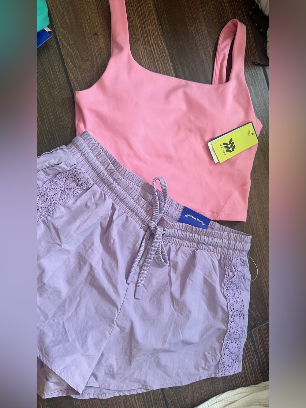 all in motion Pink Crop Top with Lilac Lace-Trim Athletic Shorts